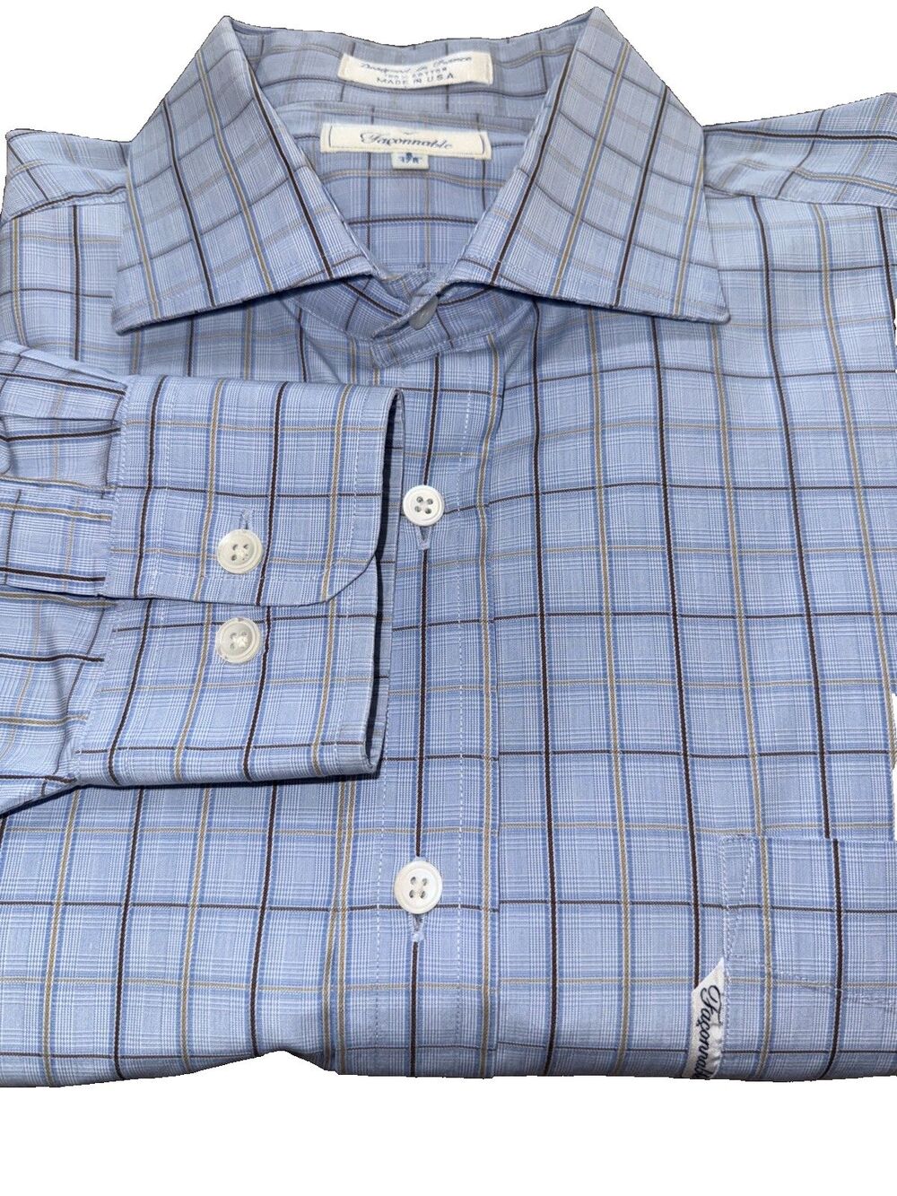 Faconnable Blue Brown Tan Plaid Long Sleeve Button Down Shirt Men’s 17R USA Made